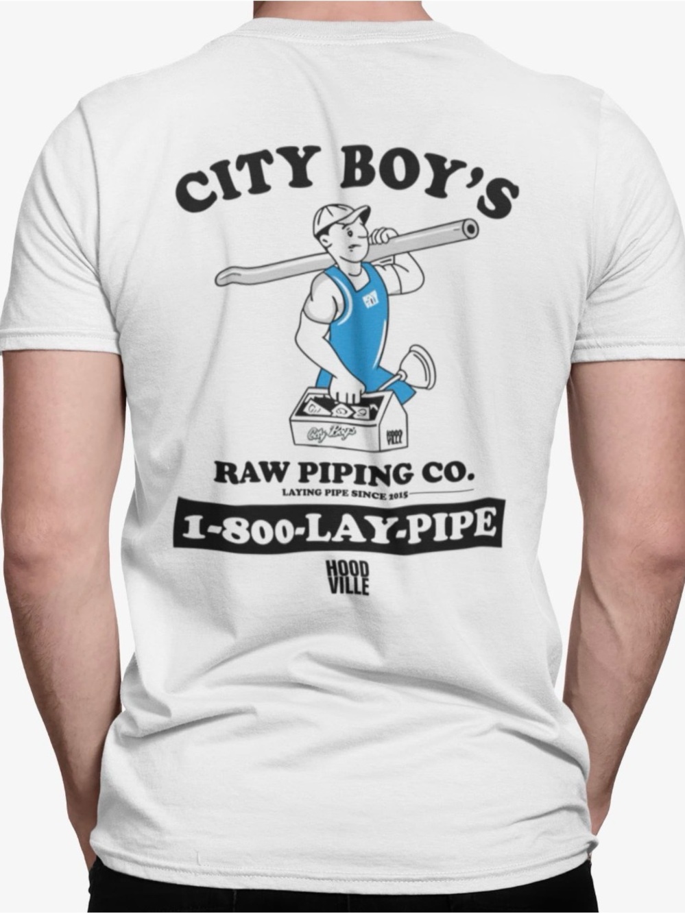 City Boy's Raw Piping Co. Graphic Tee - White with Blue & Black Print